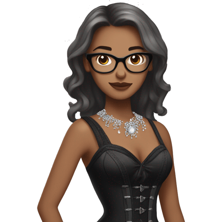 Girl with shoulder length hair and glasses wearing a long black dress with a rhinestone coveted corset top dancing, brown straight hair and grey eyes  emoji