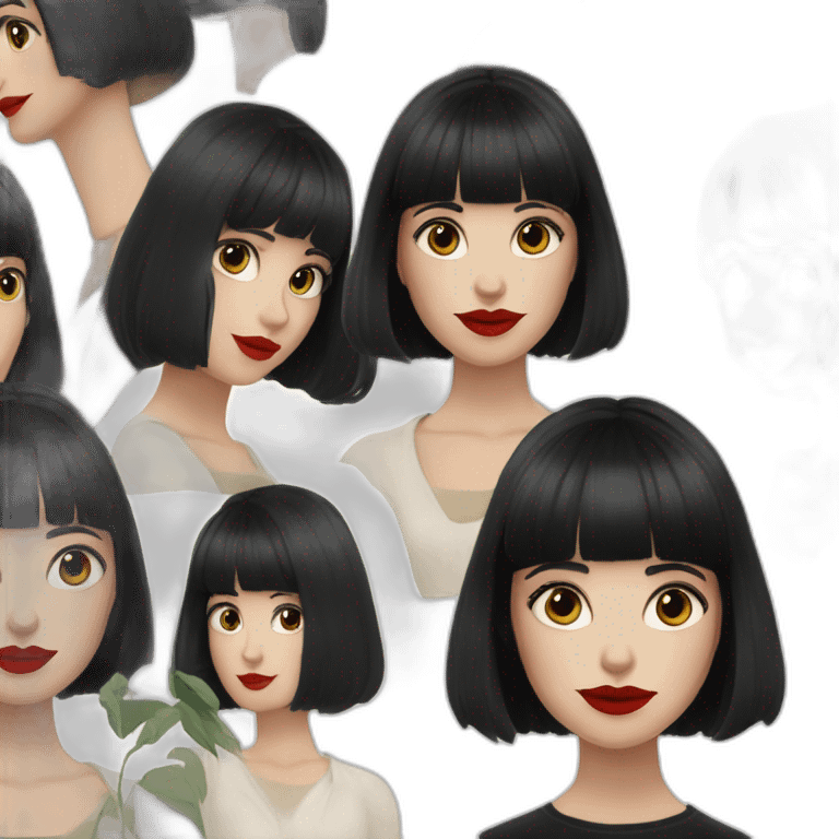 a girl who looks like amelie poulain, short bob cut with bangs, black hair, brown eyes, cherry red lips, white skin, dark academia aesthetic kind of clothing emoji