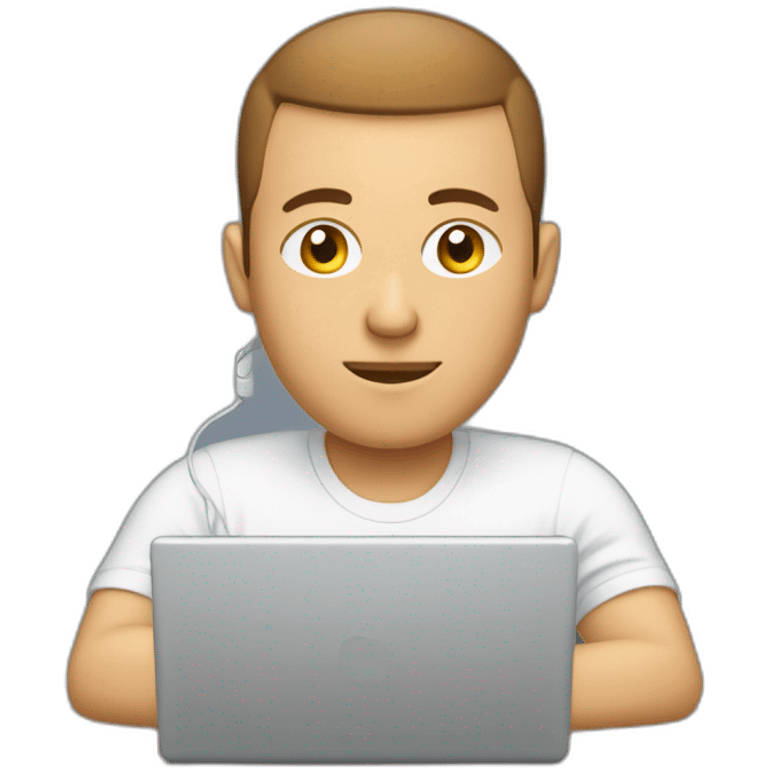 software engineer (white male, brown buzz cut hair, white gold earrings) in front of laptop, apple-style, on the phone emoji