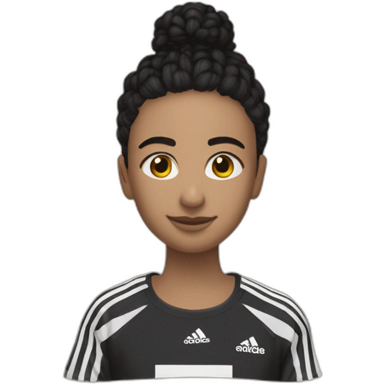 una perosona morocha sentada con un conjunto adidas negro emoji