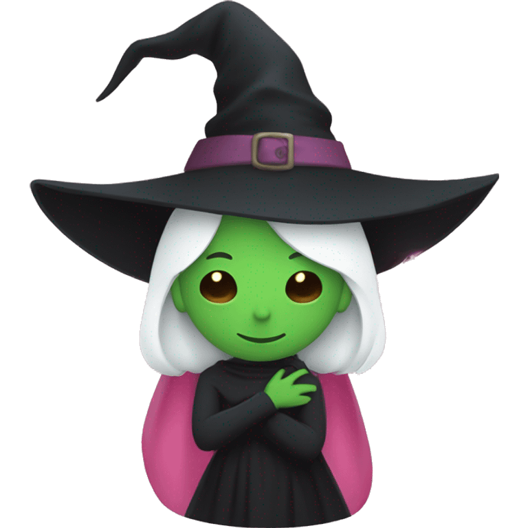 Witch dressed in black with green skin hugging pink dressed white witch emoji