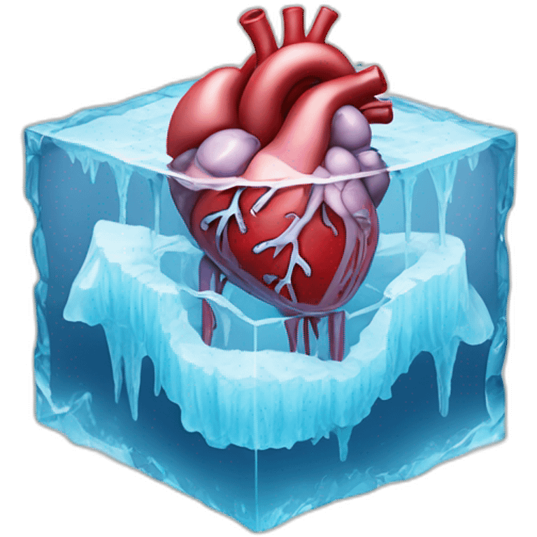 heart organ in the cube of ice that is melting emoji