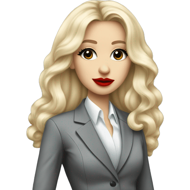 Russian Blonde long hair with big red lips small nose and black eyes Tiffany diamond seller in a grey suit emoji