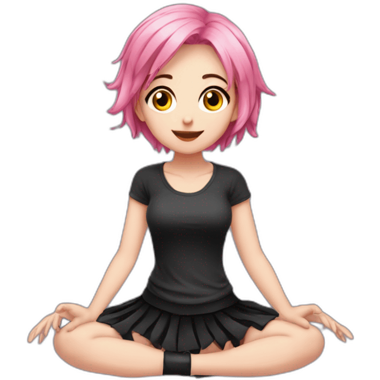 Full body Front view curvy emo girl pink hair sits on the floor straight view hands up black skirt белые трусики emoji