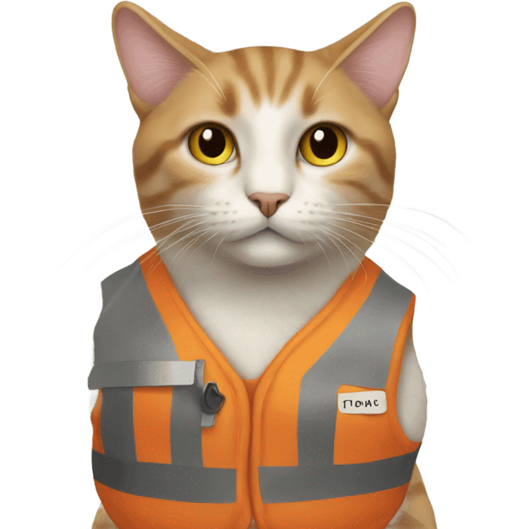 cat with a sign and an orange vest emoji