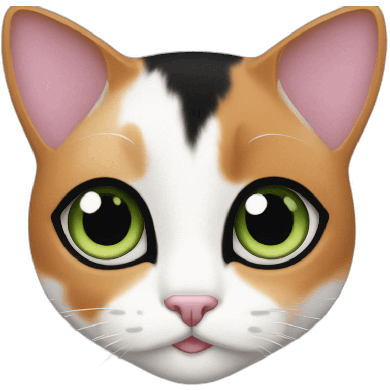 young calico cat face with a pink nose, white chin, green eyes, and black and orange markings emoji