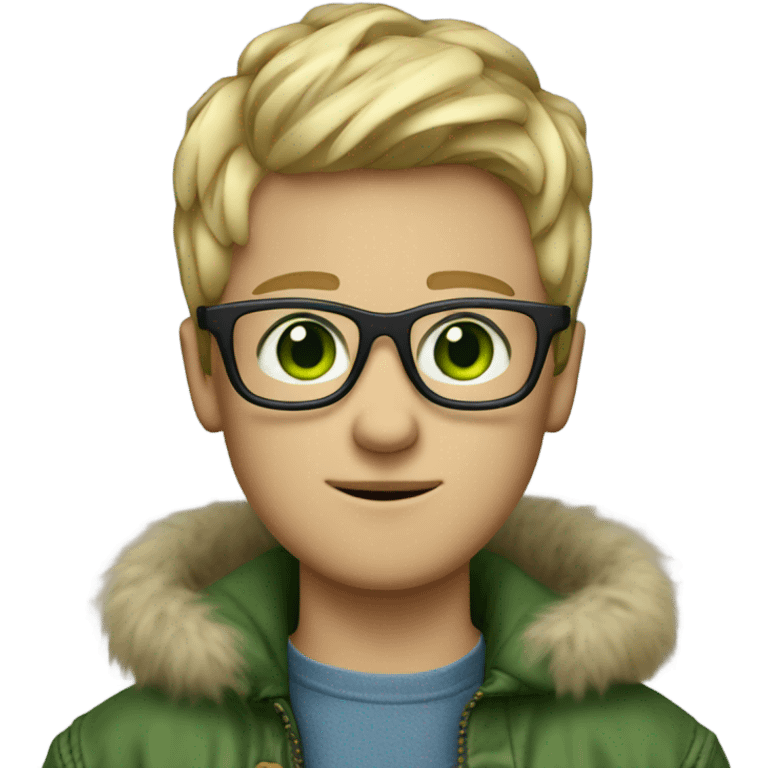 blonde medium length haired boy with green eyes , glasses , blue jean jacket with fur lining emoji