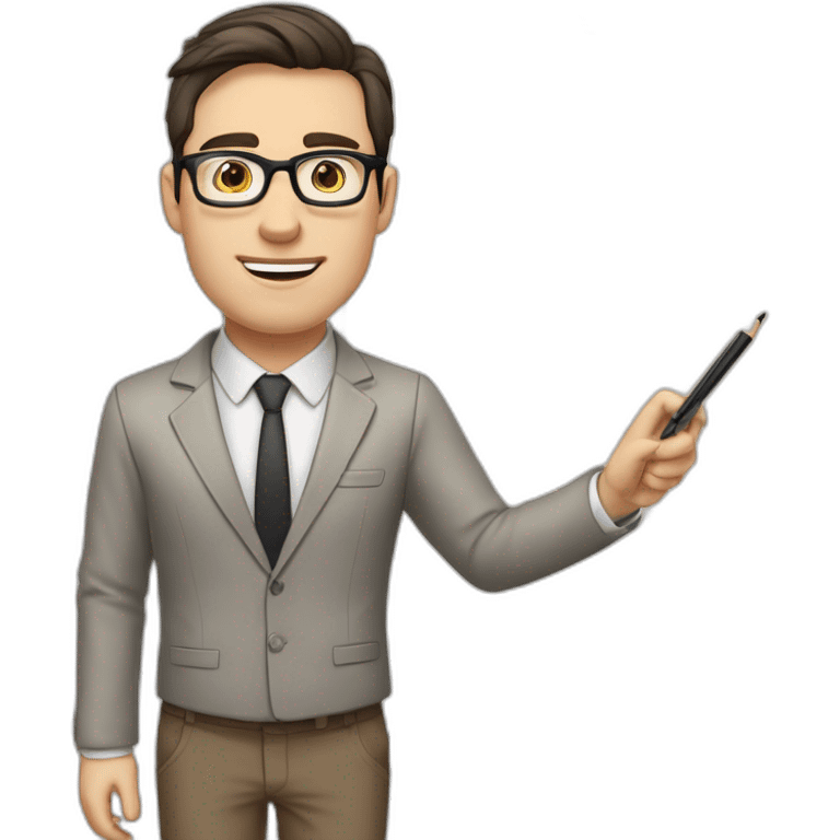 Pale skinned fit man with dark brown hair in gray jacket, beige office shirt, brown tie, brown pants and vintage glasses Writing text on a marker board emoji