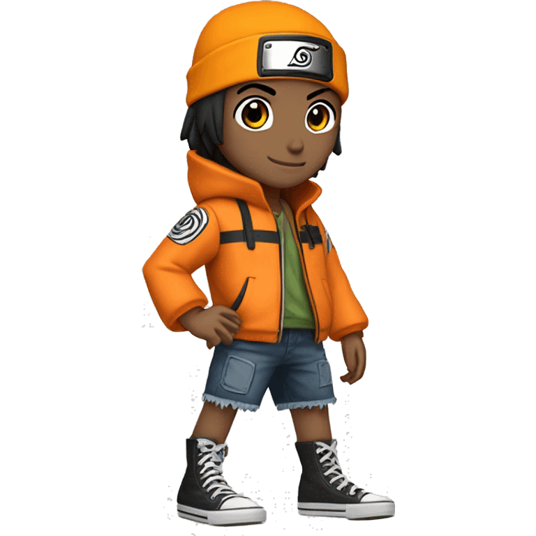 Naruto character brazilian flag, lightsskin, short straight black hair, orange jacket with a little black, a head wrap from his character, black Converse shoes, jean shorts and smiling emoji