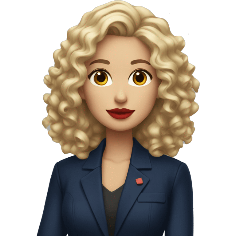 Professional woman with curly blond hair and red lipstick with a navy jacket emoji