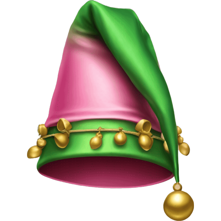 Realistic isolated pink and green elf hat with bells. emoji