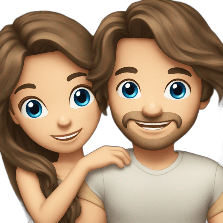 Cute brunette couple long hair, blue-eyed celebrating emoji