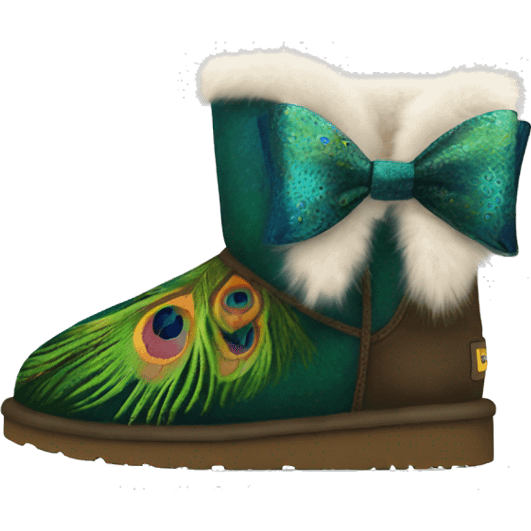 Realistic pair of ugg fur boot with a peacock pattern and bow on them. emoji