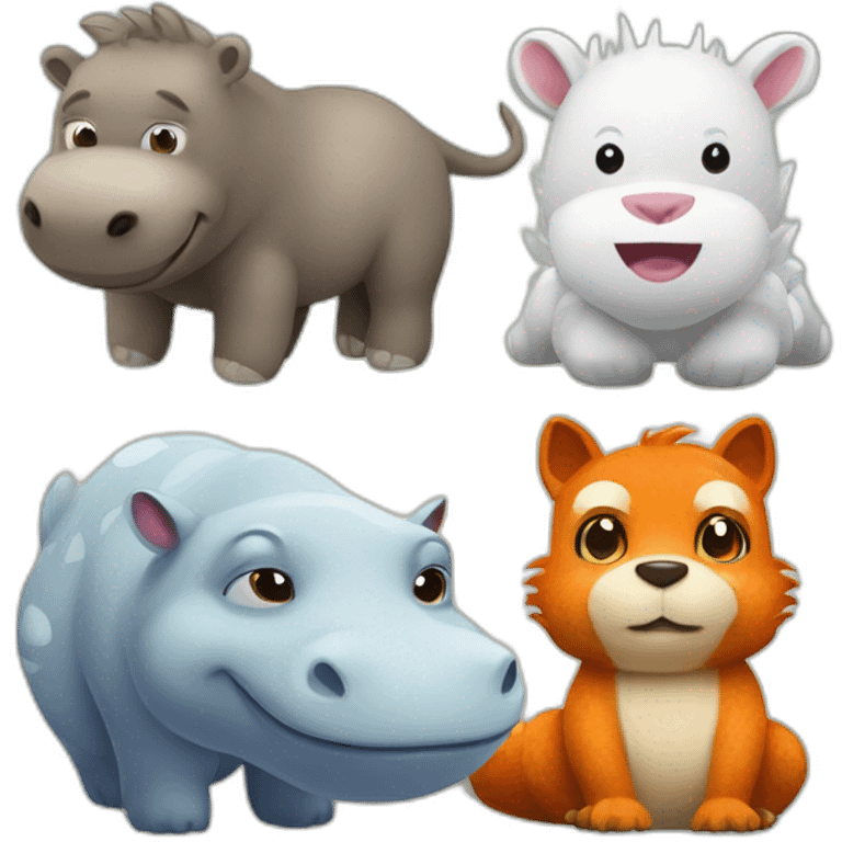 three animals in a picture, white peluche dragon,hippopotamus, fox emoji