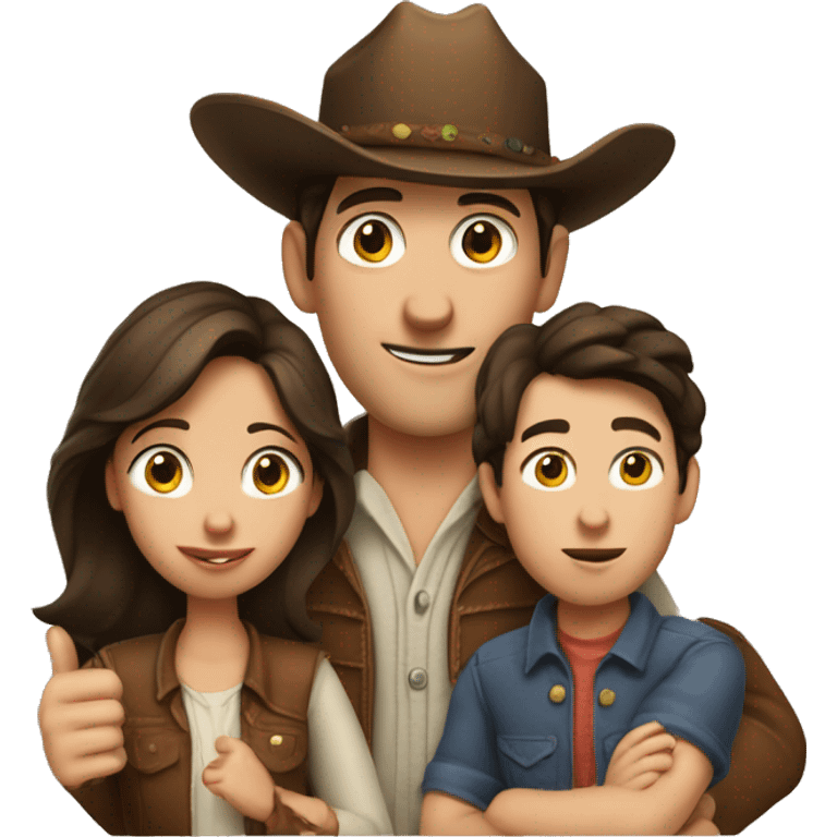 A family of 3, a cowboy dad, dark brown haired freckled mom and boy sucking his thumb emoji