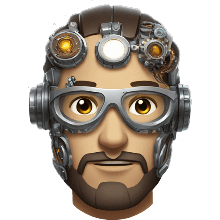 male cyborg head with brown short  hair, brown beard, silver steampunk goggles and circuits emoji