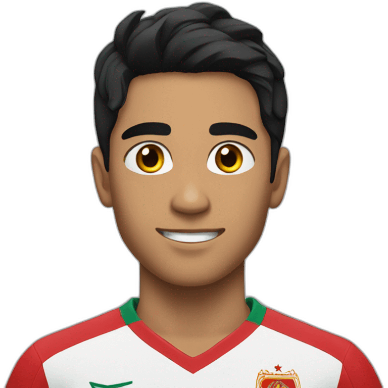 A young man wearing a Moroccan national team shirt and has black hair emoji