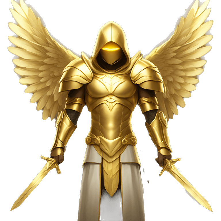 golden archangel, in full growth, with golden wings, rays of light coming from his face, golden armor, golden swords, in a golden hood emoji