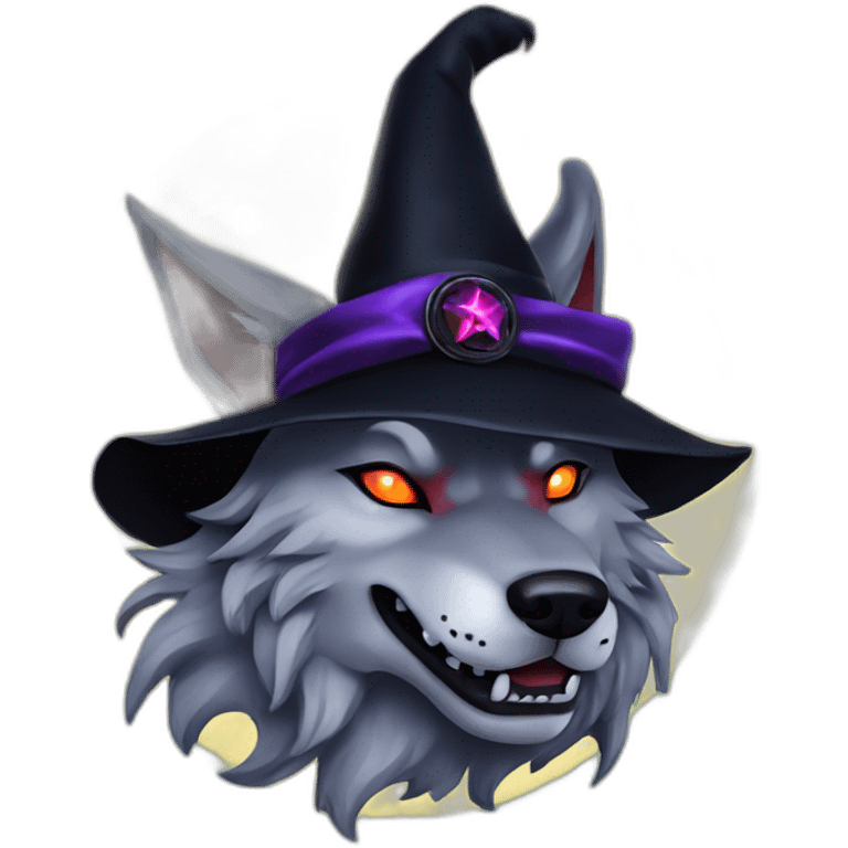 demonic wolf with a pentagram top hat and a pentagram chain with a haunting night background emoji