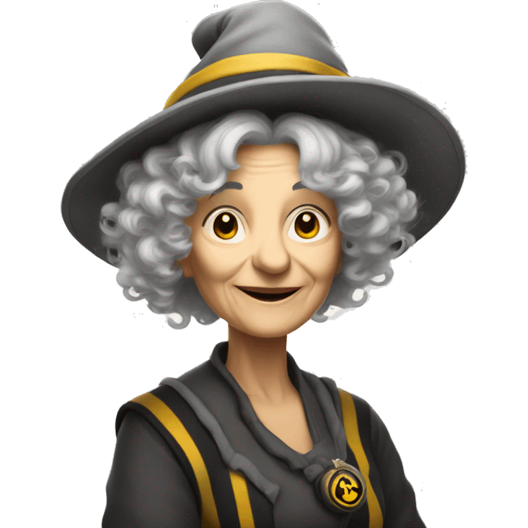 older woman with white skin, grey curly and wild hair, with a magic hat, hufflepuff emoji