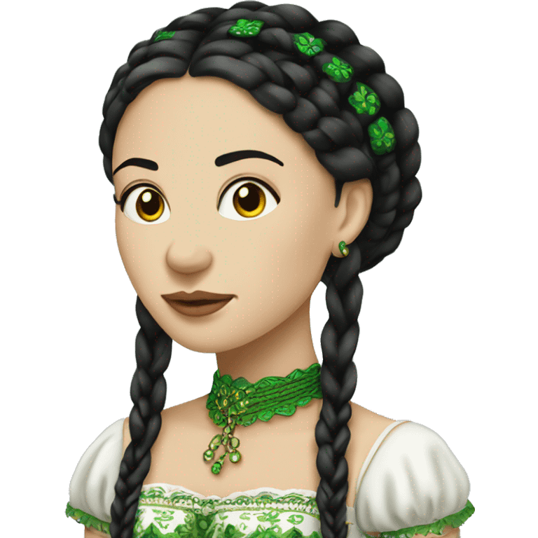 UKRAINIAN WOMAN WITH TWO LONG BLACK BRAIDS, DRESSED IN GREEN EMBROIDRE CORSET emoji