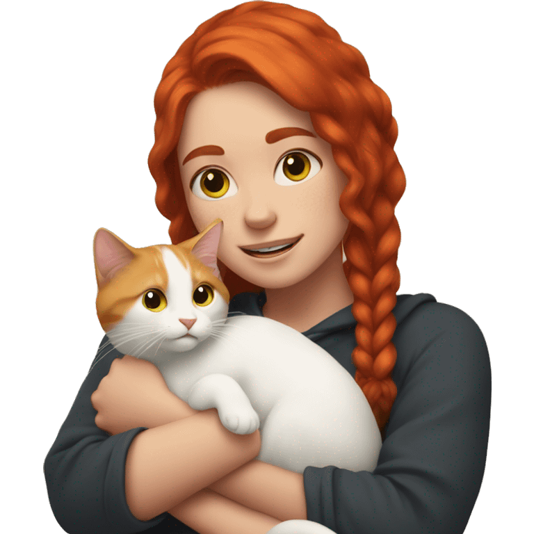 A girl with red hair holds a sulfur cat in her arms emoji