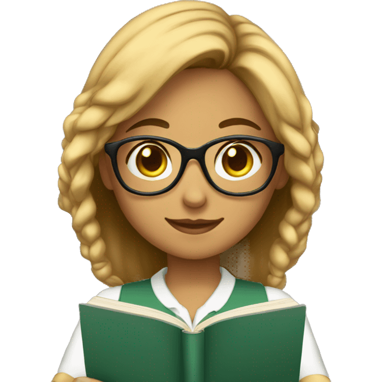 girl with tan skin with glasses in a school uniform reading a book, emoji