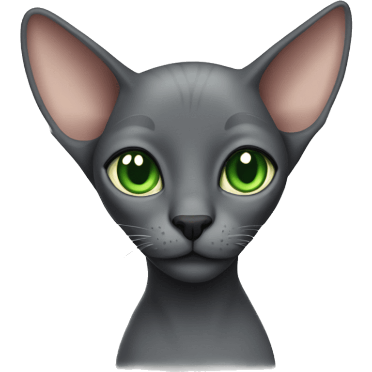 Dark gray hairless cat with green eyes and big ears emoji