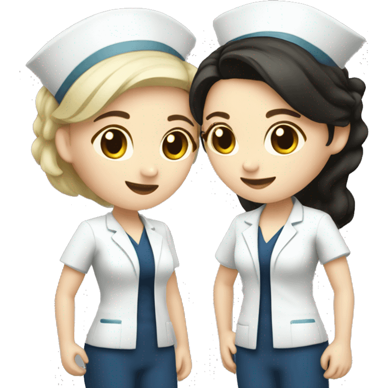 three female pale-skinned dark hair nurse friends emoji