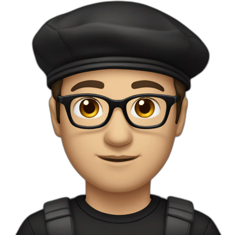 drummer, man, caucasian, black hair, wearing a black beret, glasses, and black t-shirt emoji