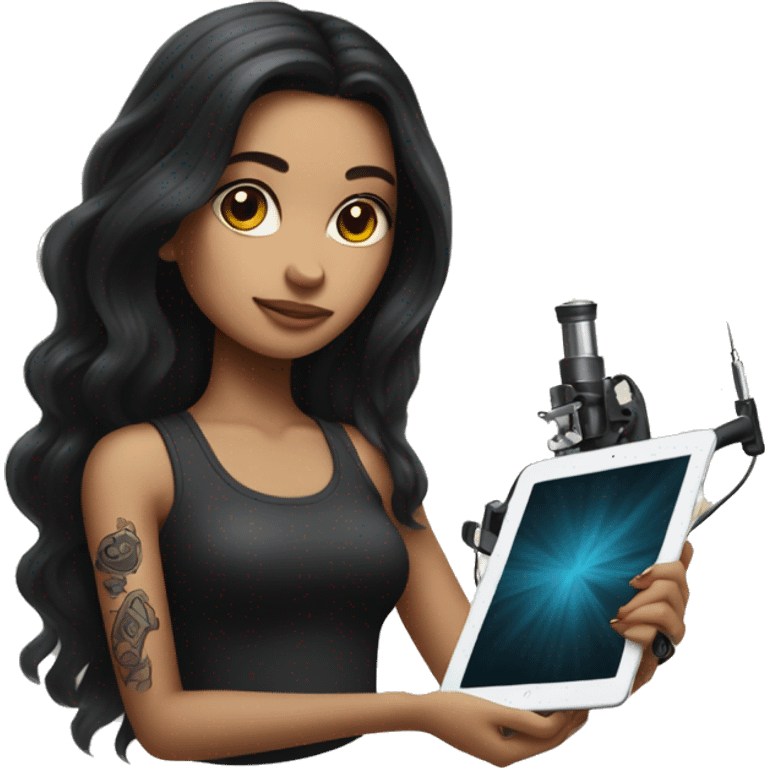 a girl with long dark hair holds a tattoo machine and an iPad emoji