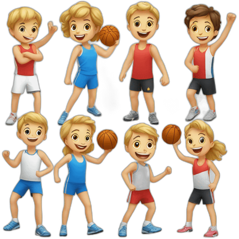 full-length cheerful happy European children doing sports emoji