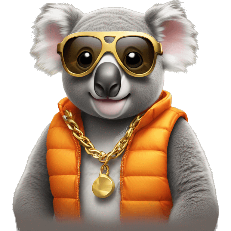 koala wearing an orange puffer vest and sun glasses gold chain emoji