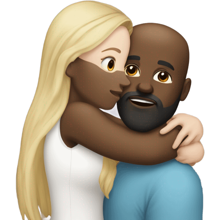 White girl brunette kissing black bald man with beard emoji