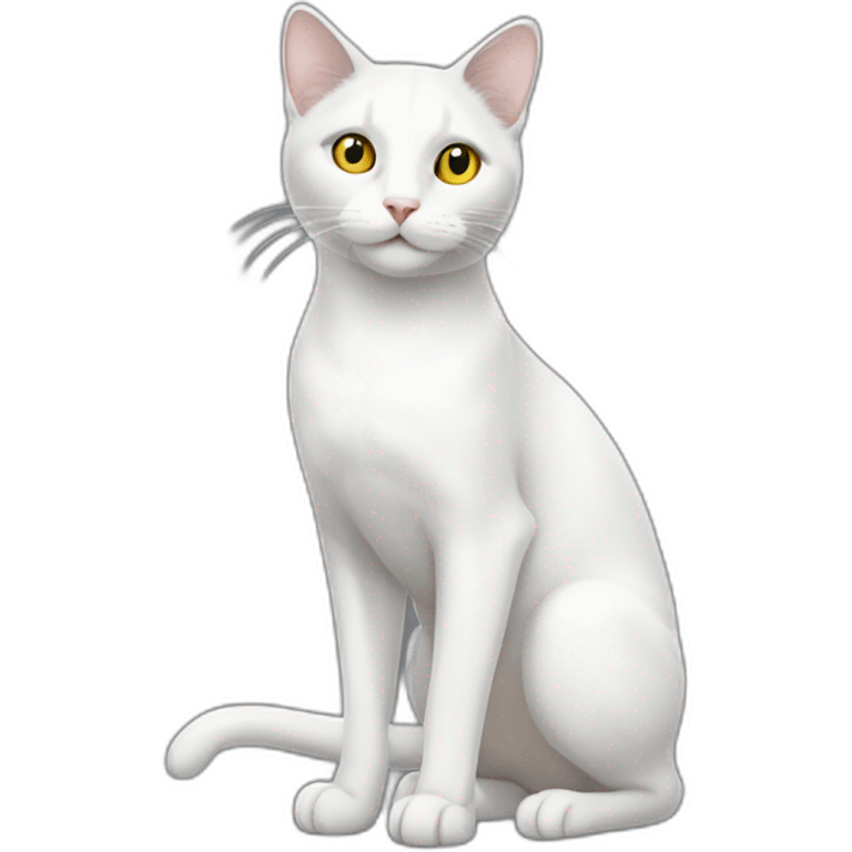 white cat with grey spot on hind leg and grey tail with yellow eyes emoji