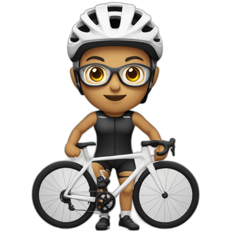 Ciclista de piel morena clara de contextura delgada estatura alta con zapatillas de ruta blancas licras negras y maillot blanco casco blanco y gafas negras con barba regular emoji