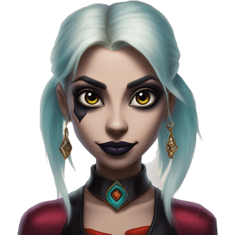 Night Elf Jasmine in Harley Quinn style, oil paint, mysterious eyes, intricate lips, masterpiece portrait, odd perspective, beautiful, desirable, logical emoji