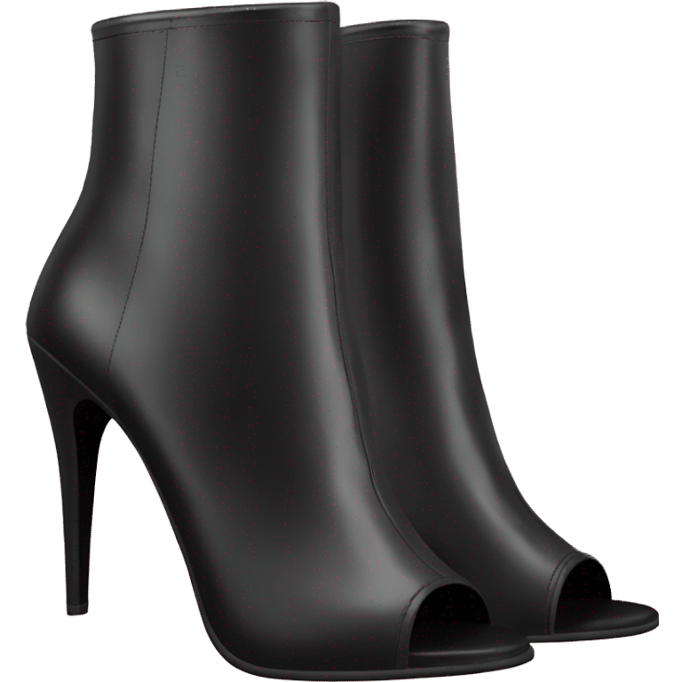 Realistic pair of black peep toe leather high heel bootie boots facing forward.  emoji