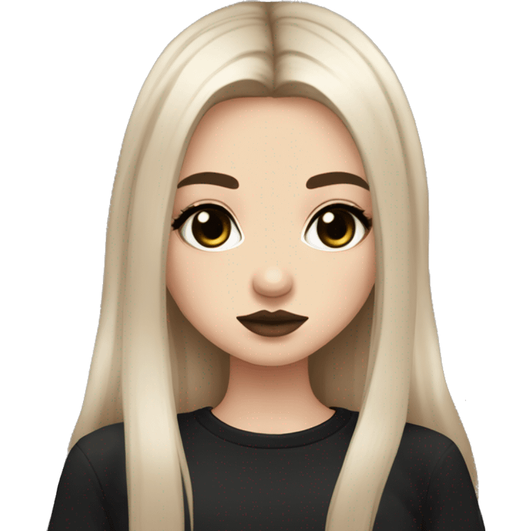 Slavic girl, goth eyes makeup, pink lips, brown eyes, long black-to-blonde ombre straight hair, black T-shirt, chibi. emoji