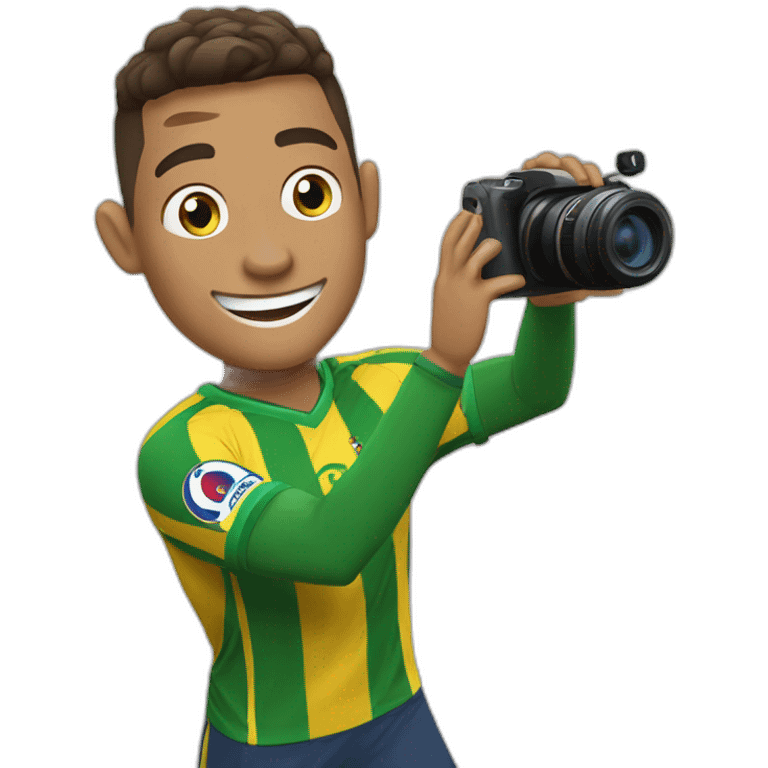 Design an emoji showcasing a joyful footballer, akin to Cristiano Ronaldo, gleefully snapping photos with a camera, embodying the excitement of capturing memorable moments on the field. emoji