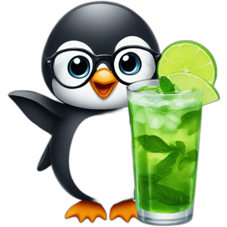 baby penguin with big glasses drinking mojito emoji