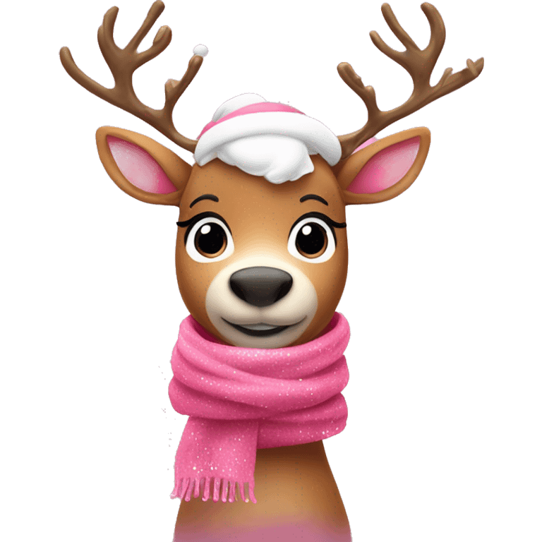 Pink reindeer with cute expression, festive scarf, and sparkles around emoji