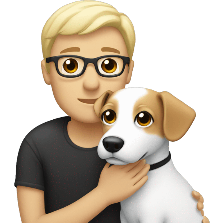 A couple cuddling a jack Russell, the men is white and have black hair and glasses and the woman is blonde but without glasses  emoji