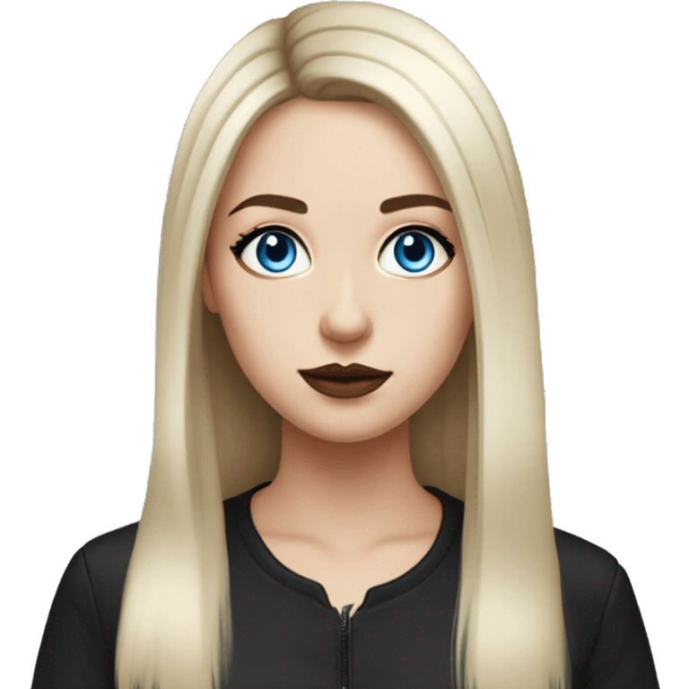 waist-length portrait, look up, Slavic adult woman, goth eyes makeup, blue eyes, medium bob black-to-blonde ombre straight hair, white T-shirt and black office jacket. emoji