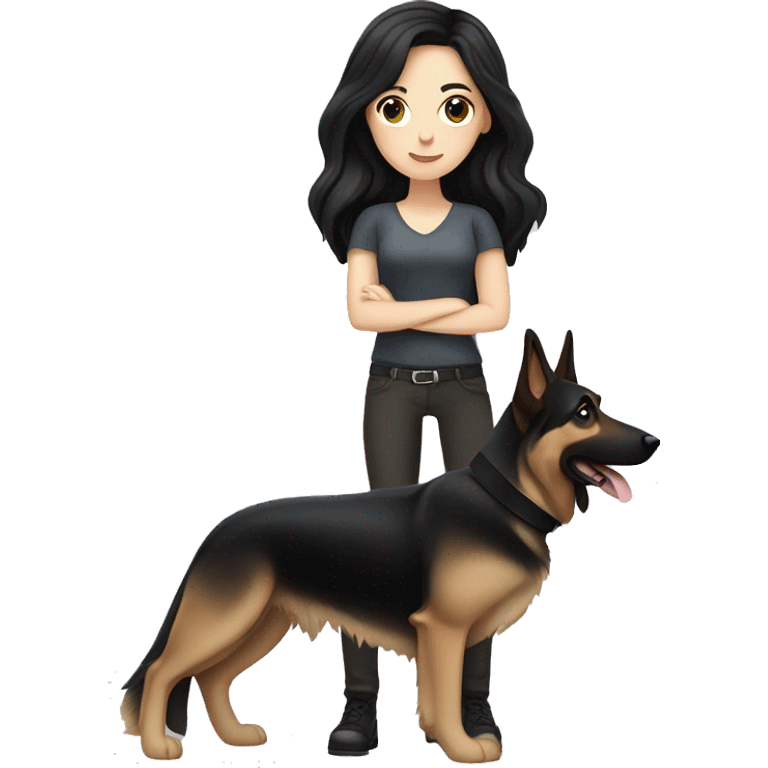 pale skin woman with long black hair standing by a german shepherd  emoji