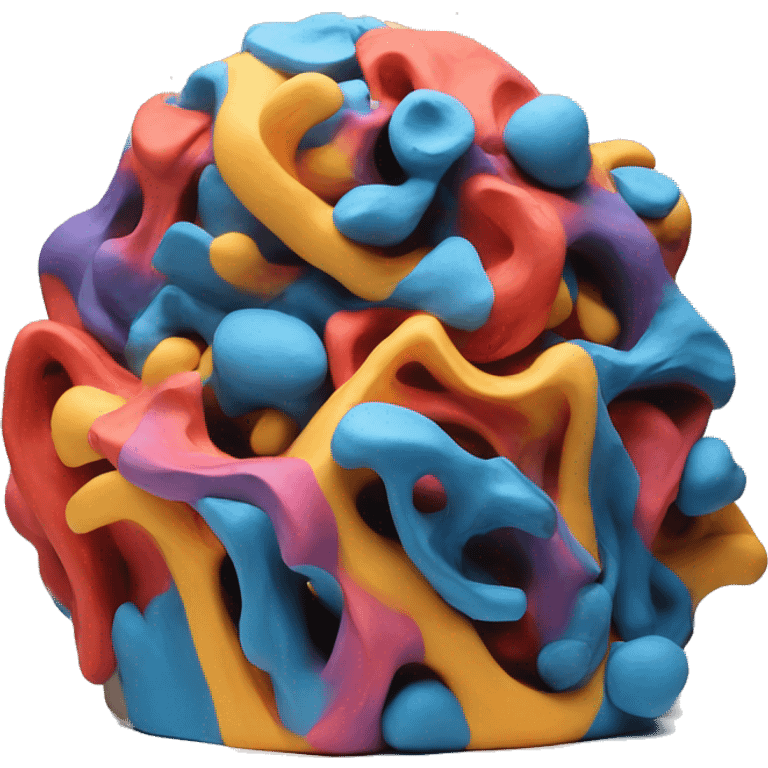 a colorful abstract sculpture made with modeling clay on a white plinth emoji