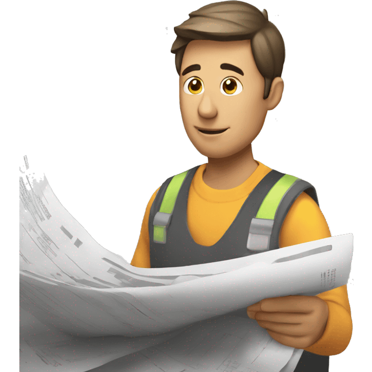 man with small hair looking at financial papers inside construction site emoji