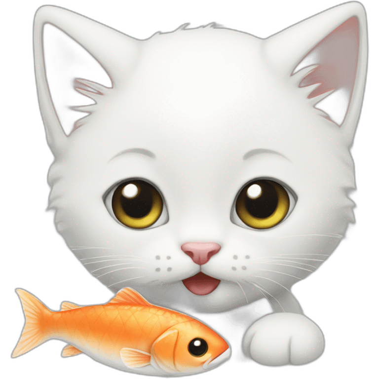 White kitten eating fish emoji