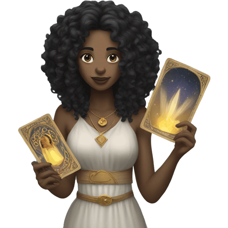 A white women with black curly hair holding tarot cards emoji