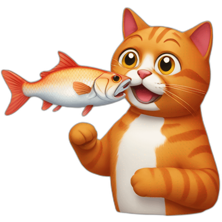 A red cat that has a fish in his mouth emoji